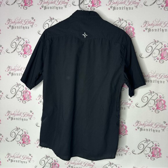 Hurley button tshirt top Men's Black Embroidered Shirt floral tattoo - Picture 3 of 6